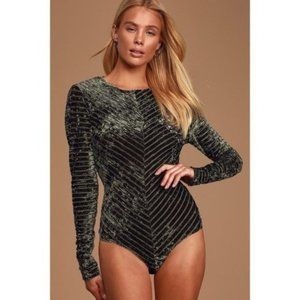Save the Date Olive Green Crushed Velvet Striped Long Sleeve Thong Bodysuit S
